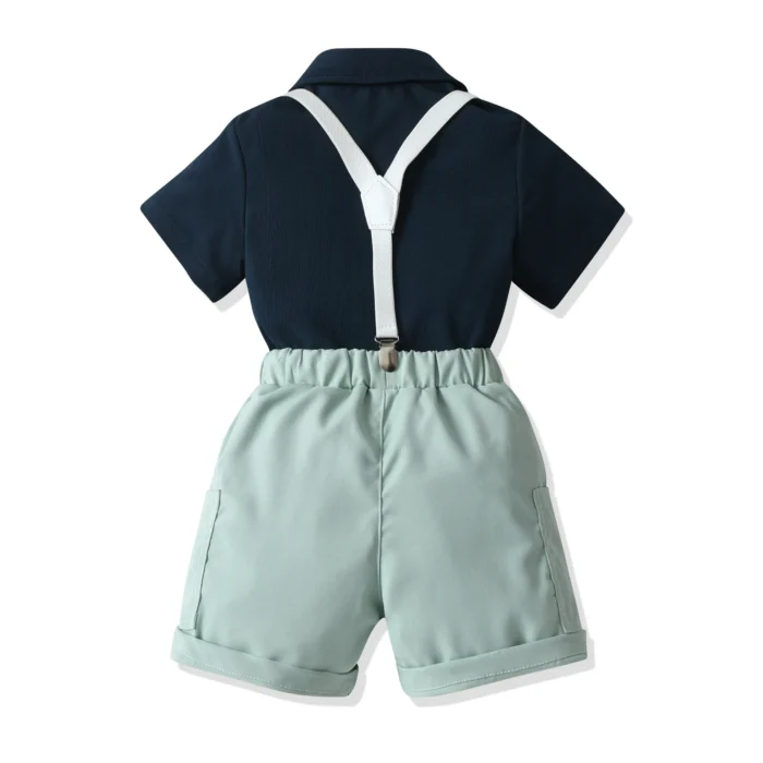 Boys Smart Navy Half Shirt and Mint Shorts with bow tie and suspender belt set - Image 4