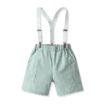 Boys Smart Navy Half Shirt and Mint Shorts with bow tie and suspender belt set - Image 3