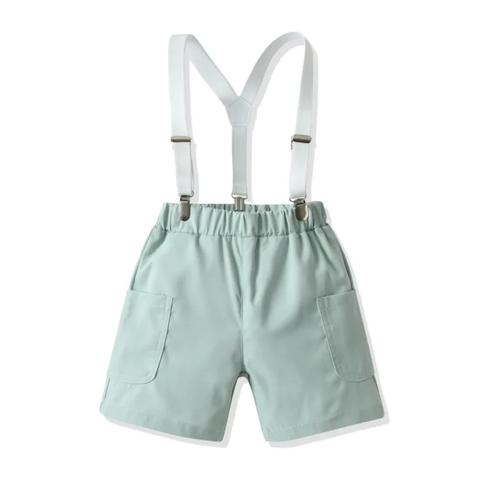 Boys Smart Navy Half Shirt and Mint Shorts with bow tie and suspender belt set - Image 3