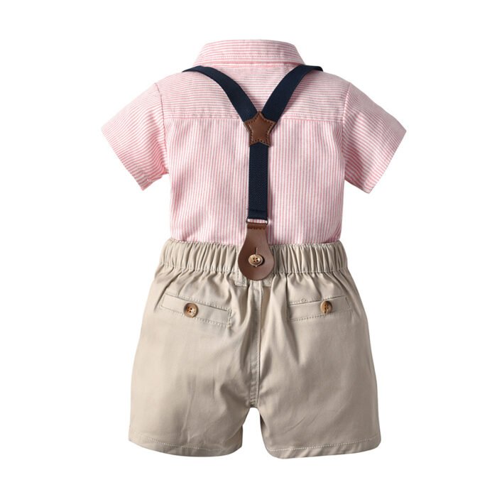 Boys Formal Stripe Shirt and Beige Shorts with bow and suspender belt set - Formal Set for boys - Image 8