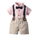 Boys Formal Stripe Shirt and Beige Shorts with bow and suspender belt set - Formal Set for boys