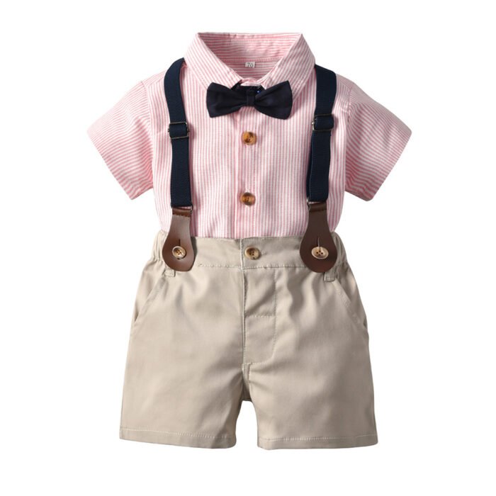 Boys Formal Stripe Shirt and Beige Shorts with bow and suspender belt set - Formal Set for boys - Image 9