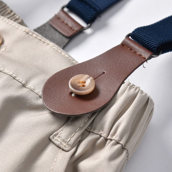 Boys Formal Stripe Shirt and Beige Shorts with bow and suspender belt set - Formal Set for boys - Image 6