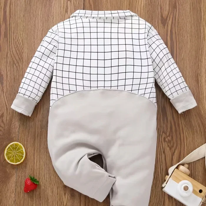 Boys Stylish Formal Look Checkered top grey with bow romper - Onesie for boys - Image 2