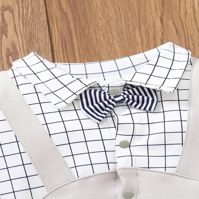 Boys Stylish Formal Look Checkered top grey with bow romper - Onesie for boys - Image 3