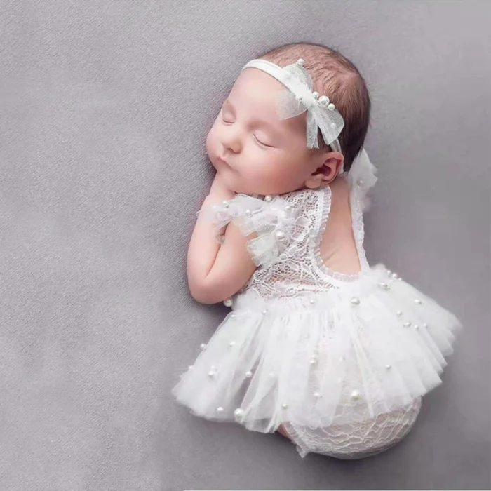 New Born Photography outfit Girl Lace White Romper Photoshoot dress for Newborn - Image 2