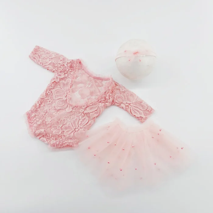 New Born Photography outfit Girl Lace Pink Romper Photoshoot dress for Newborn - Image 3