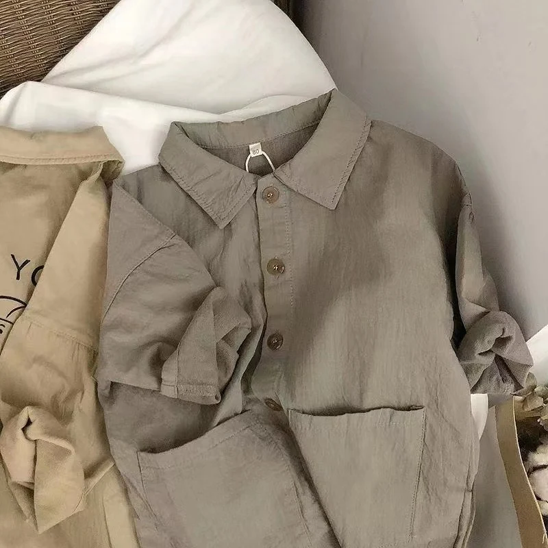 AI-25611 (1) Boys Khaki Olive text on back romper Linen Cotton Lapel Button Jumpsuit - Image 1