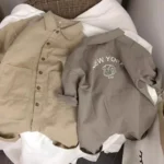 Boys Khaki Olive text on back romper Linen Cotton Lapel Button Jumpsuit - Image 2