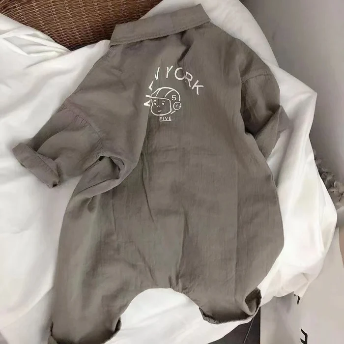 Boys Khaki Olive text on back romper Linen Cotton Lapel Button Jumpsuit - Image 7