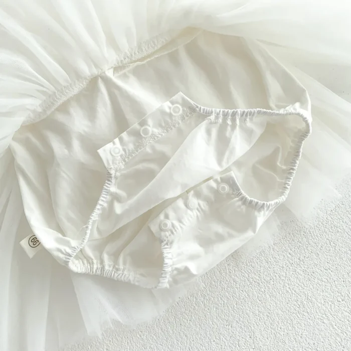 Korean summer style baby girl Netted Solid White Bow Romper- Princess style Photoshoot dress - Image 3