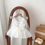 Korean summer style baby girl Netted Solid White Bow Romper- Princess style Photoshoot dress - Image 5