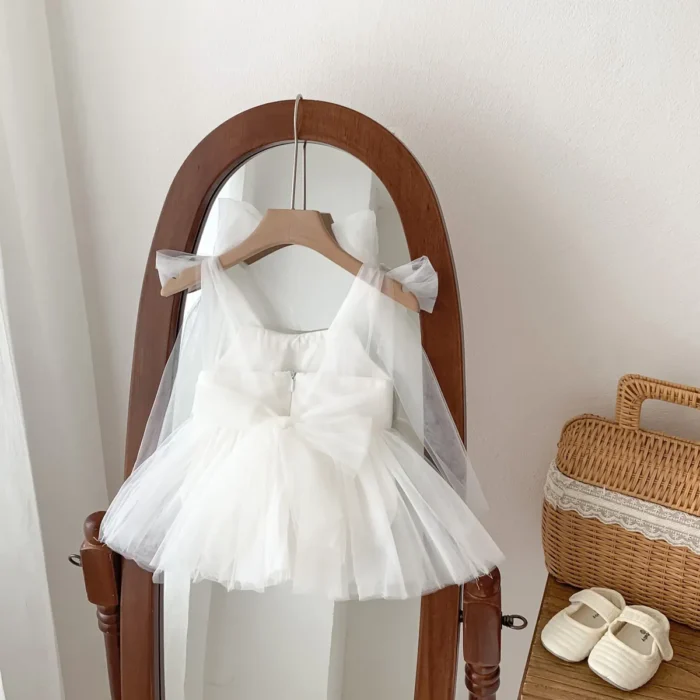 Korean summer style baby girl Netted Solid White Bow Romper- Princess style Photoshoot dress - Image 5