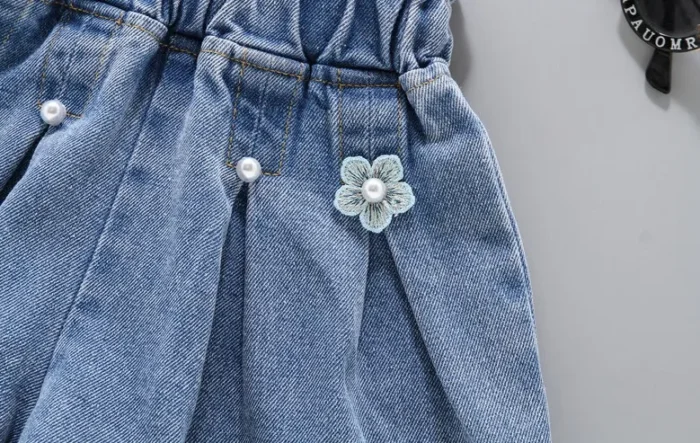 Girls Smart and Stylish Mini Flower appliqued Blue Denim Shorts - Image 2