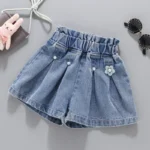 Girls Smart and Stylish Mini Flower appliqued Blue Denim Shorts - Image 4