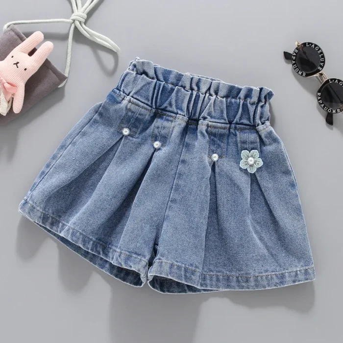 Girls Smart and Stylish Mini Flower appliqued Blue Denim Shorts - Image 4
