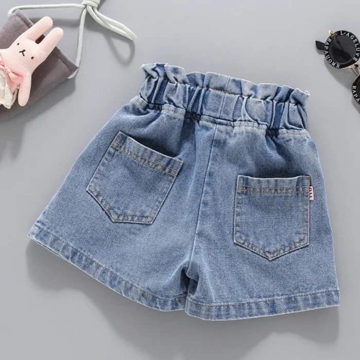 Girls Smart and Stylish Mini Flower appliqued Blue Denim Shorts - Image 5
