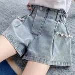 Girls Stylish Pearl appliqued Faded Denim Shorts