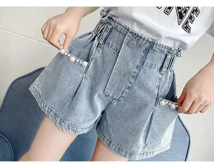 Girls Stylish Pearl appliqued Faded Denim Shorts - Image 2
