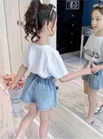 Girls Stylish Pearl appliqued Faded Denim Shorts - Image 7