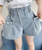Girls Stylish Pearl appliqued Faded Denim Shorts - Image 6