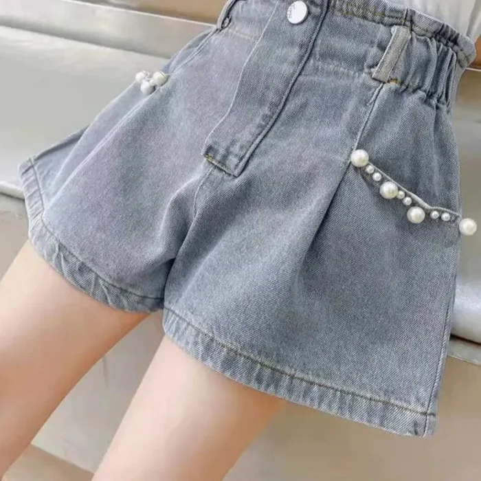 Girls Stylish Pearl appliqued Faded Denim Shorts - Image 5