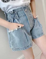 Girls Stylish Pearl appliqued Faded Denim Shorts - Image 4