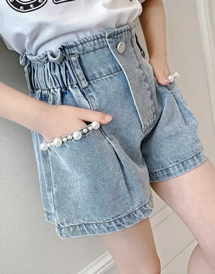 Girls Stylish Pearl appliqued Faded Denim Shorts - Image 4
