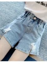 Girls smart and new trend Bow appliqued faded Denim Shorts Up to 9 Years - Image 3