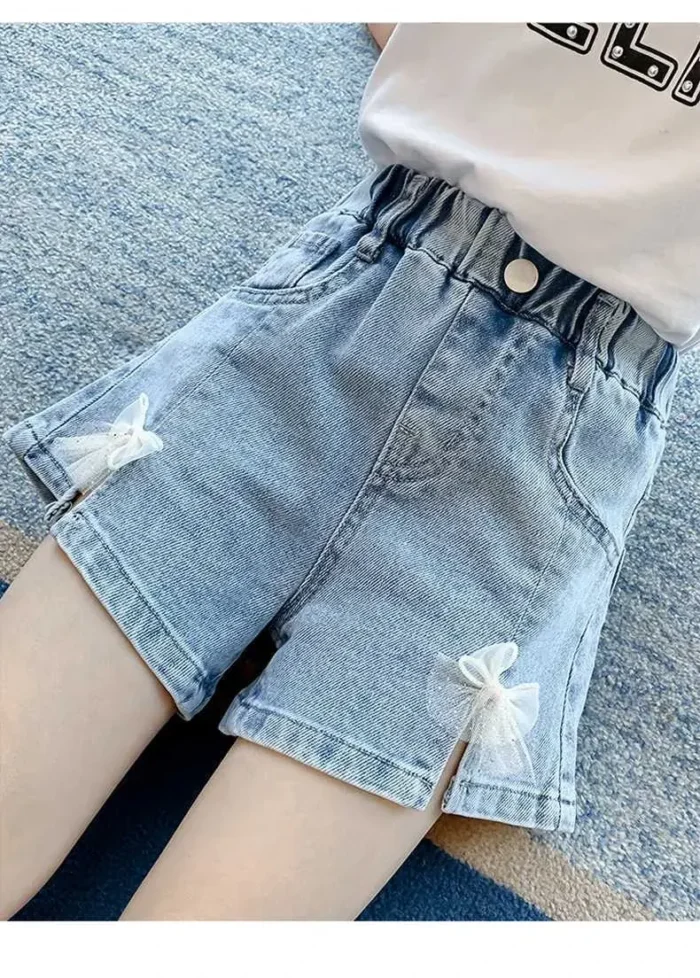 Girls smart and new trend Bow appliqued faded Denim Shorts Up to 9 Years - Image 3