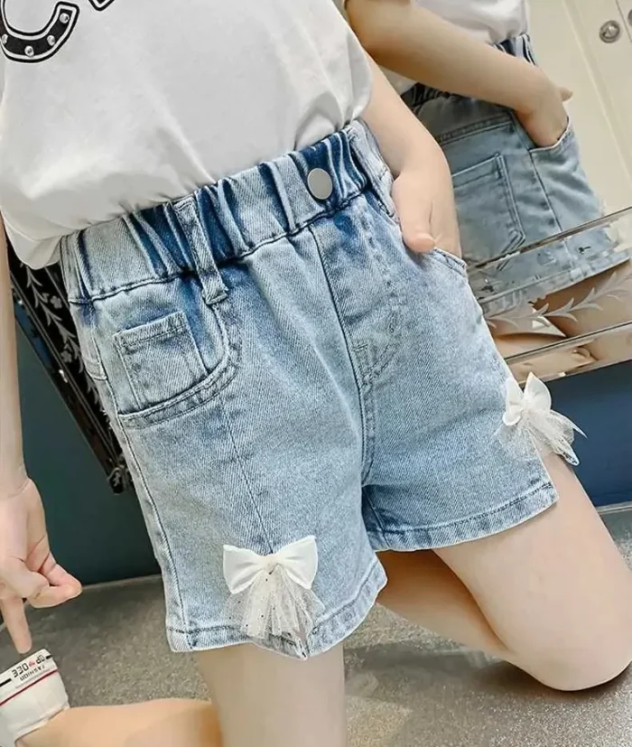 Girls smart and new trend Bow appliqued faded Denim Shorts Up to 9 Years - Image 2