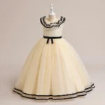 Girls Classy Sleeveless Black Bordered Beige Party Dress Frock Gown