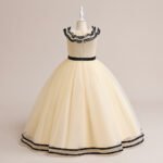 Girls Classy Sleeveless Black Bordered Beige Party Dress Frock Gown - Image 2