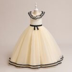 Girls Classy Sleeveless Black Bordered Beige Party Dress Frock Gown - Image 3