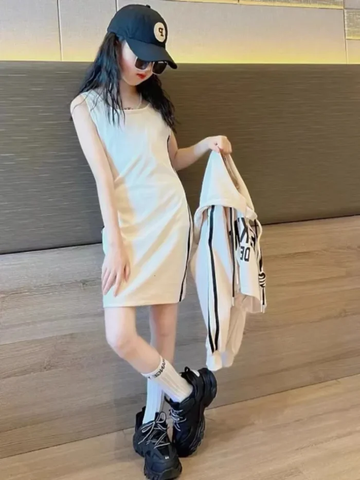 Korean Style Girls Beige Text print Body-con dress and Crop Pullover Set Versatile Popular Kids - Image 7