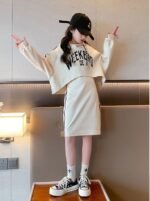 Korean Style Girls Beige Text print Body-con dress and Crop Pullover Set Versatile Popular Kids - Image 4