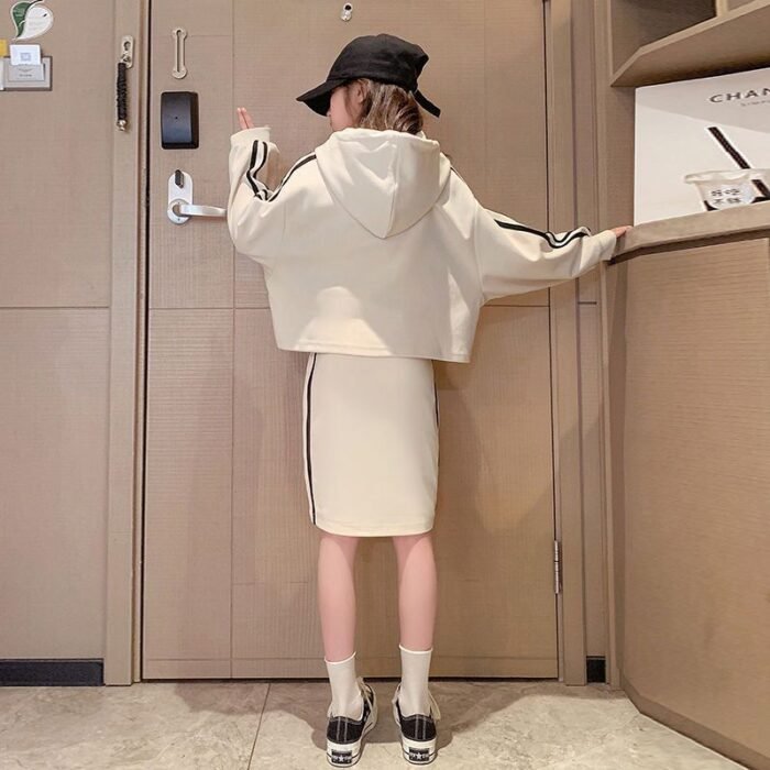 Korean Style Girls Beige Text print Body-con dress and Crop Pullover Set Versatile Popular Kids - Image 5