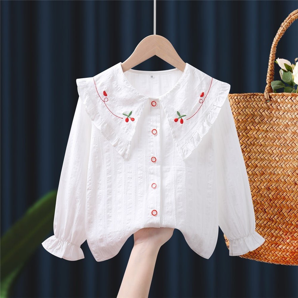 N188-0181 (1) Girls elegant Cotton Cherry Print Full sleeves white cotton top - Image 1