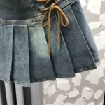 Girls Hip-hop Rock High Waist Pleated Denim Skirt with string tie - Image 2