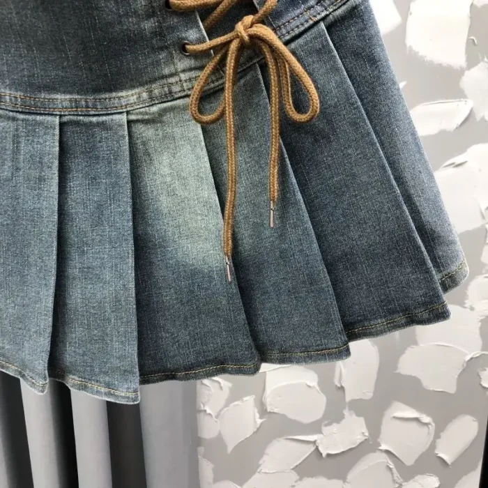Girls Hip-hop Rock High Waist Pleated Denim Skirt with string tie - Image 2