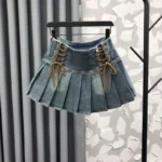 Girls Hip-hop Rock High Waist Pleated Denim Skirt with string tie