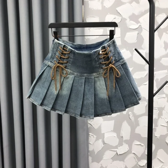 Girls Hip-hop Rock High Waist Pleated Denim Skirt with string tie - Image 4