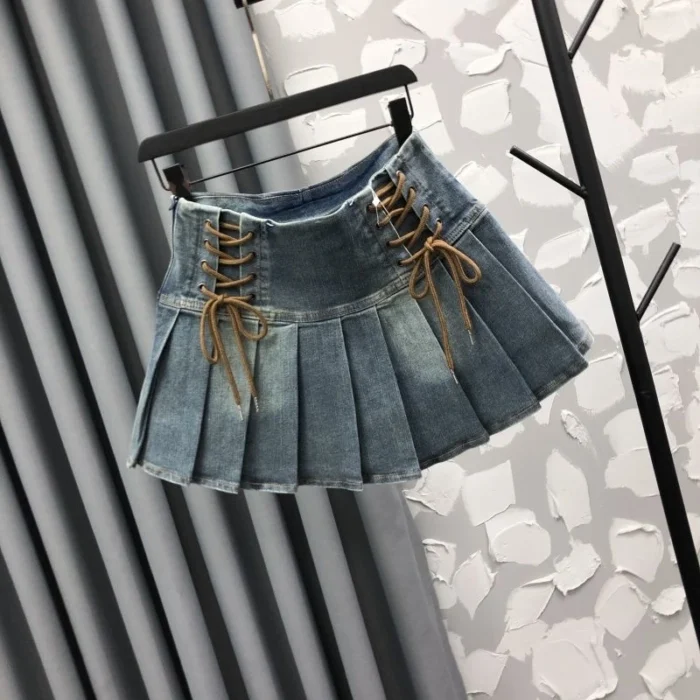 Girls Hip-hop Rock High Waist Pleated Denim Skirt with string tie - Image 5