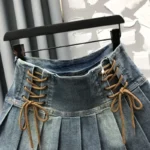 Girls Hip-hop Rock High Waist Pleated Denim Skirt with string tie - Image 6