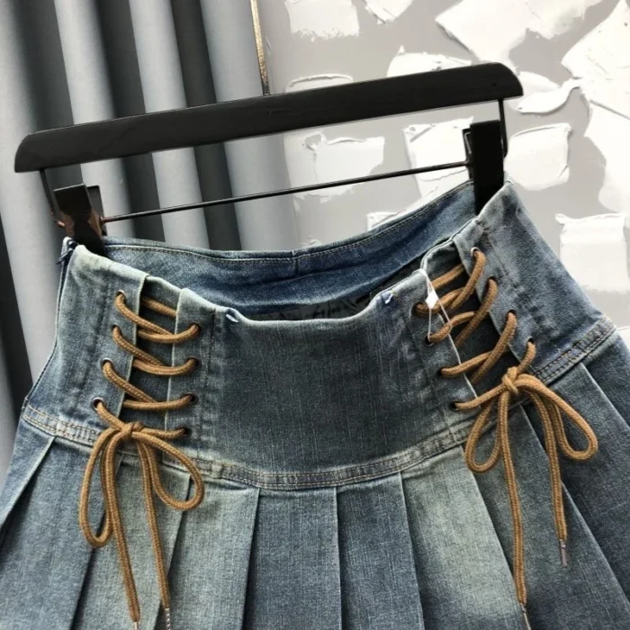Girls Hip-hop Rock High Waist Pleated Denim Skirt with string tie - Image 6