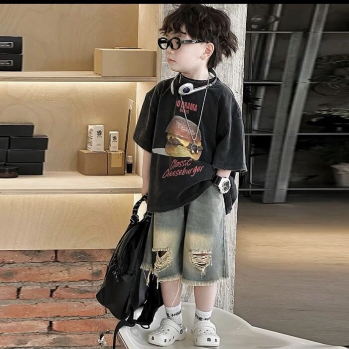 Cool Stylish Boys Tinted Wash Ripped Denim Shorts and Black Denim Tees Set - Image 2