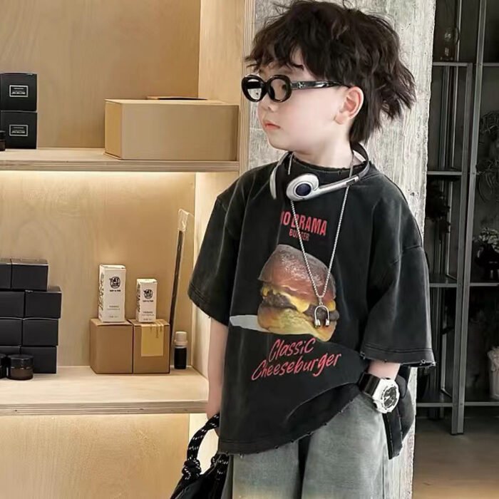 Cool Stylish Boys Tinted Wash Ripped Denim Shorts and Black Denim Tees Set - Image 3