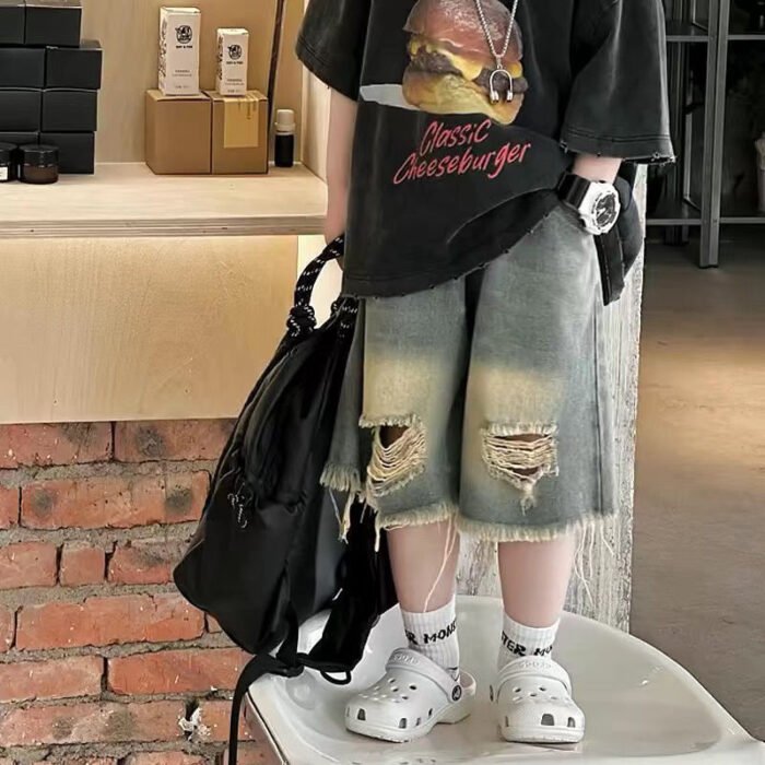 Cool Stylish Boys Tinted Wash Ripped Denim Shorts and Black Denim Tees Set - Image 4