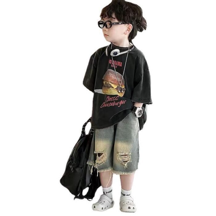 Cool Stylish Boys Tinted Wash Ripped Denim Shorts and Black Denim Tees Set - Image 5