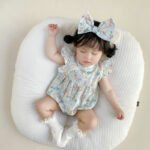 Girls Blue floral print romper with headband -onesie with matching hair accessories - Image 2